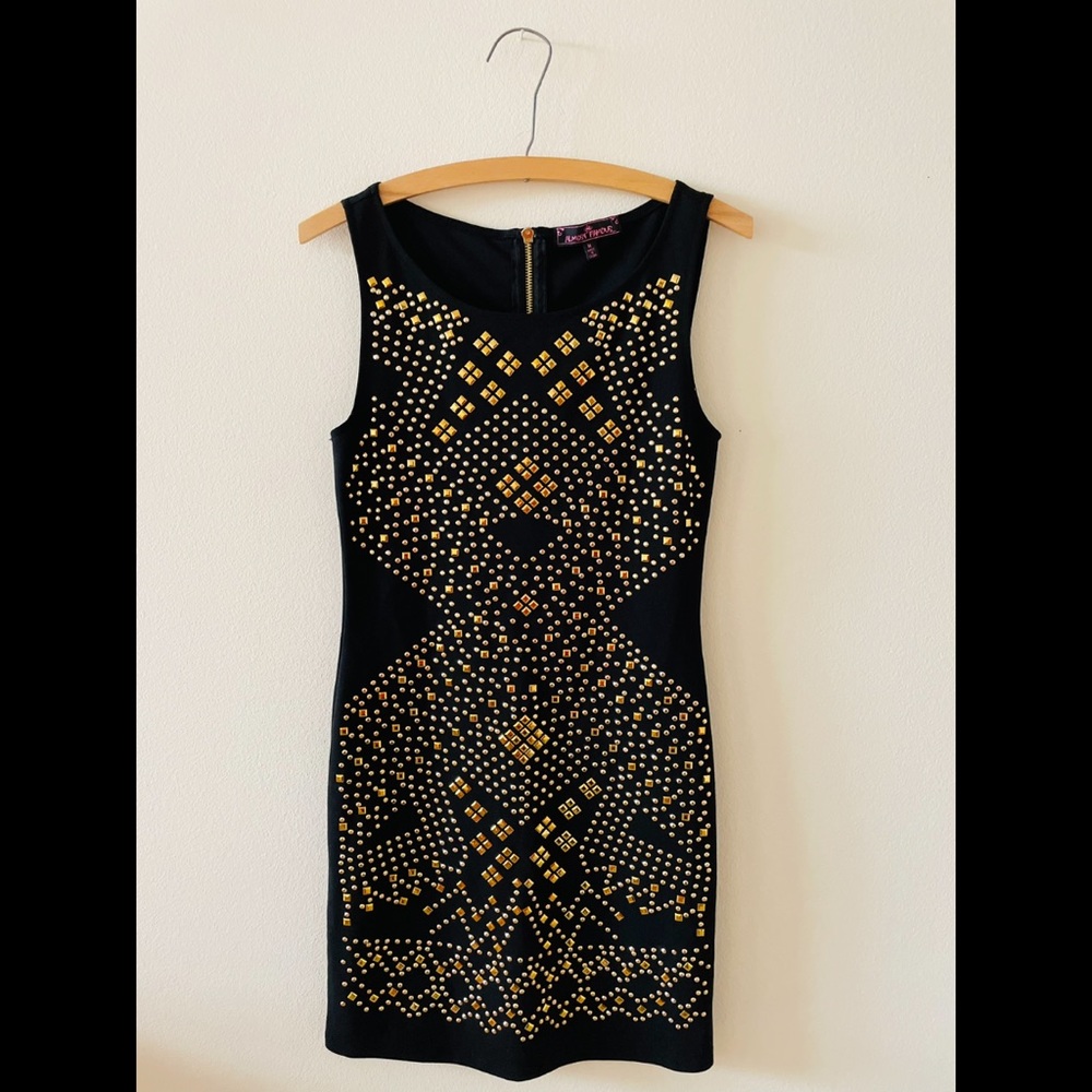 Almost Famous Black Mini Dress with Gold Studs Size M (EUC)